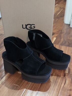 UGG Black Suede Platform Open-Toe Sandal Heels